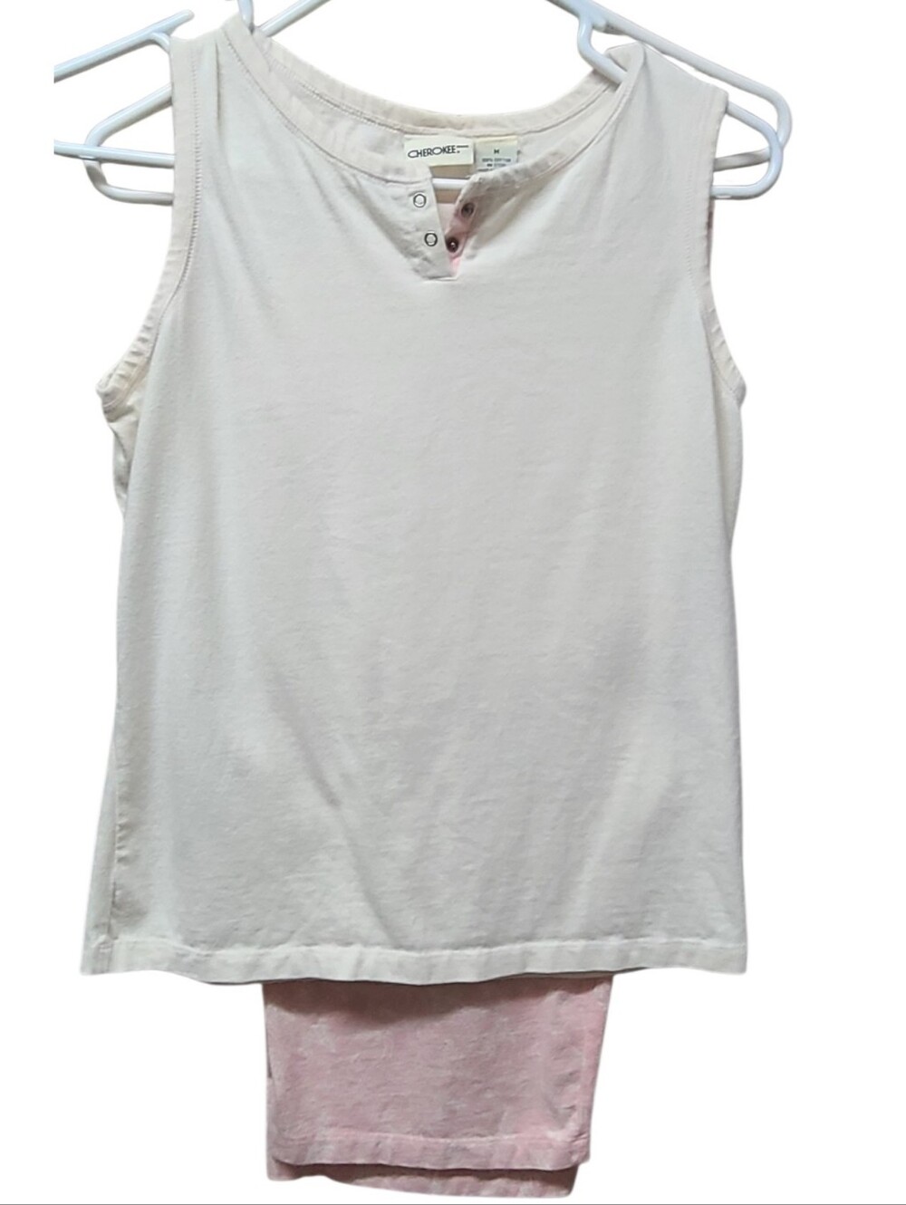 Cherokee Pajamas Set Size Medium M Cream Sleeveless Henley Top Pink Lounge Pants